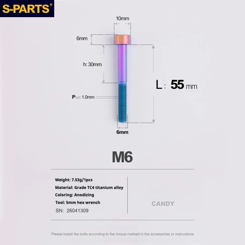 S-PARTS M6 Titanium Stem & Caliper Bolts — 30–70mm — 5mm Hex — L55mm / Candy