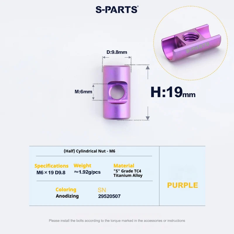 S-PARTS M6 Titanium Seatpost Step-Down Bolt & Nut Kit — 22 / 30 / 35 / 40mm — Purple / (Half) Cylindrical Nut (M6 D9.8 H19)