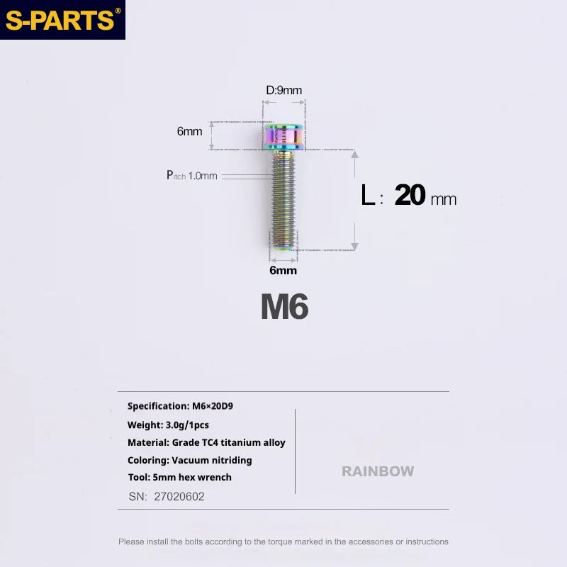 S-PARTS M6 Cylindrical Head Titanium Bolts — 10–25mm — M6×20mm / Rainbow