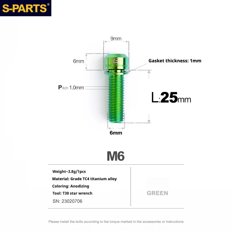 S-PARTS A2 M6 TC4 Titanium Bolts — 10–55mm — Multiple Colors — L25mm / Green