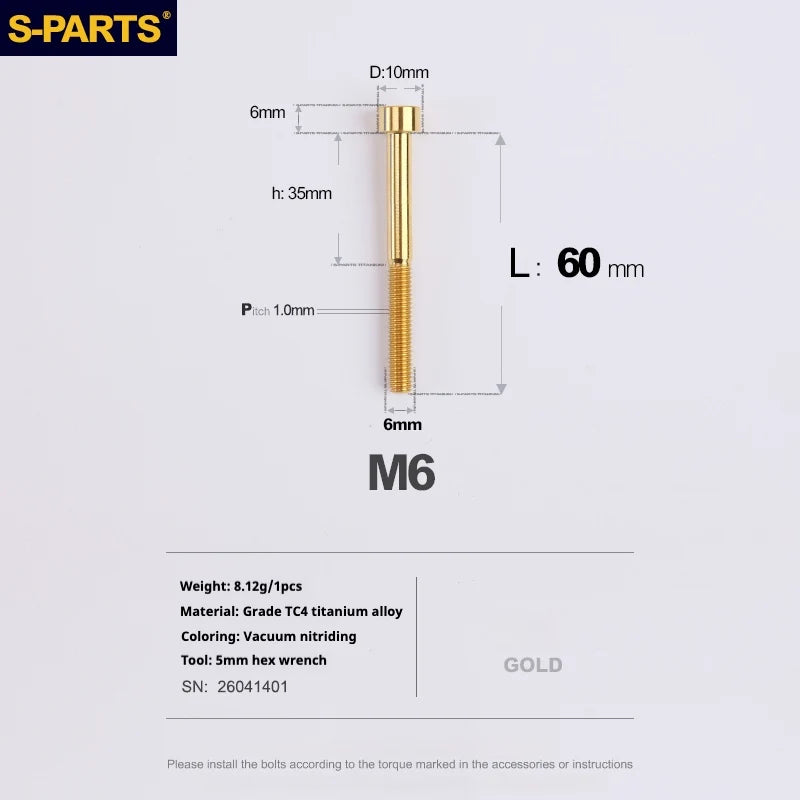 S-PARTS M6 Titanium Stem & Caliper Bolts — 30–70mm — 5mm Hex — L60mm / Gold