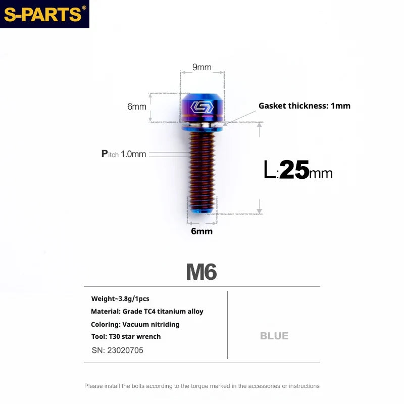S-PARTS A2 M6 TC4 Titanium Bolts — 10–55mm — Multiple Colors — L25mm / Blue