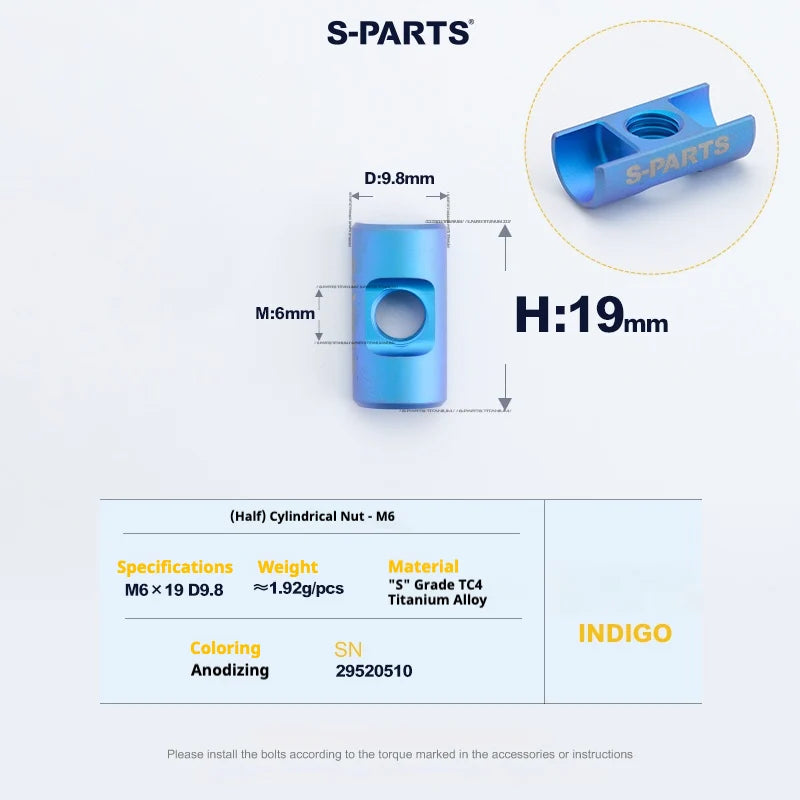 S-PARTS M6 Titanium Seatpost Step-Down Bolt & Nut Kit — 22 / 30 / 35 / 40mm — Indigo / (Half) Cylindrical Nut (M6 D9.8 H19)