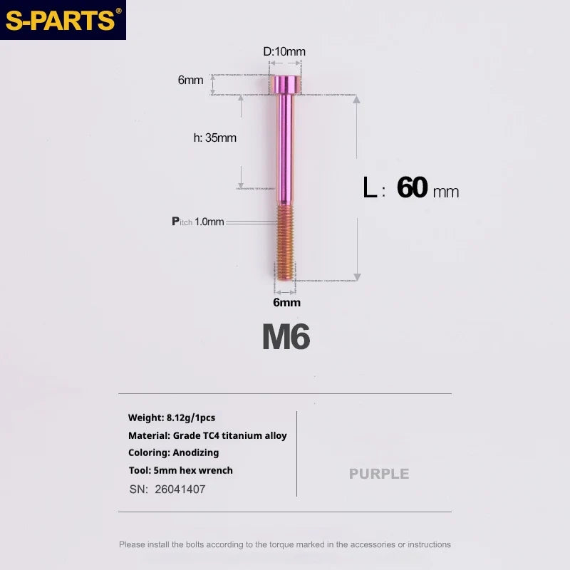 S-PARTS M6 Titanium Stem & Caliper Bolts — 30–70mm — 5mm Hex — L60mm / Purple