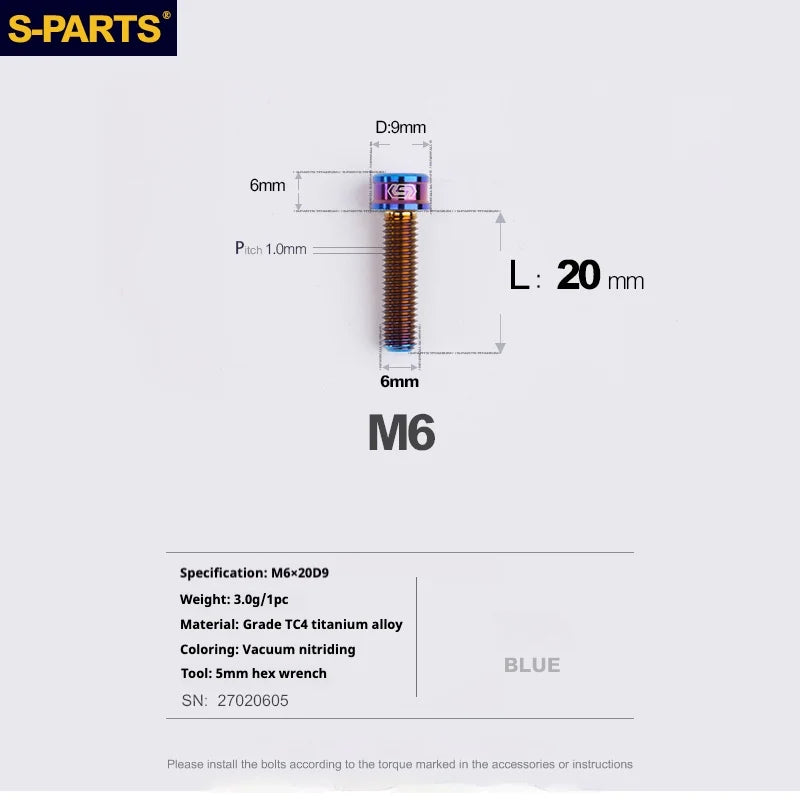 S-PARTS M6 Cylindrical Head Titanium Bolts — 10–25mm — M6×20mm / Blue