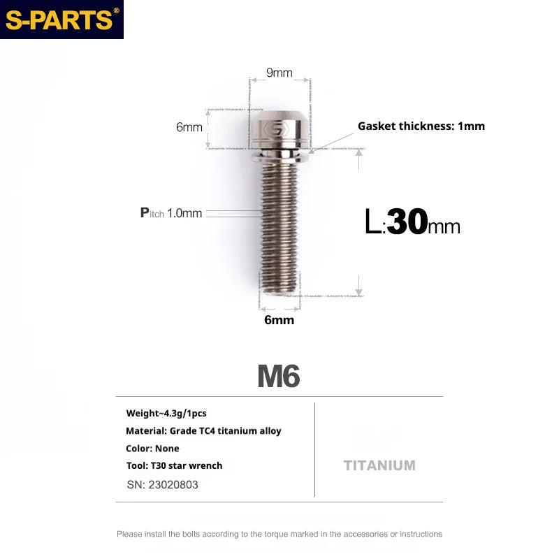 S-PARTS A2 M6 TC4 Titanium Bolts — 10–55mm — Multiple Colors — L30mm