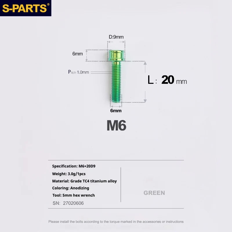 S-PARTS M6 Cylindrical Head Titanium Bolts — 10–25mm — M6×20mm / Green