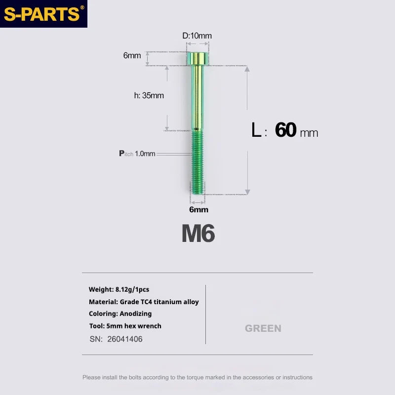 S-PARTS M6 Titanium Stem & Caliper Bolts — 30–70mm — 5mm Hex — L60mm / Green