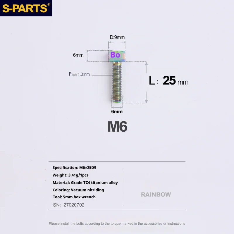 S-PARTS M6 Cylindrical Head Titanium Bolts — 10–25mm — M6×25mm / Rainbow