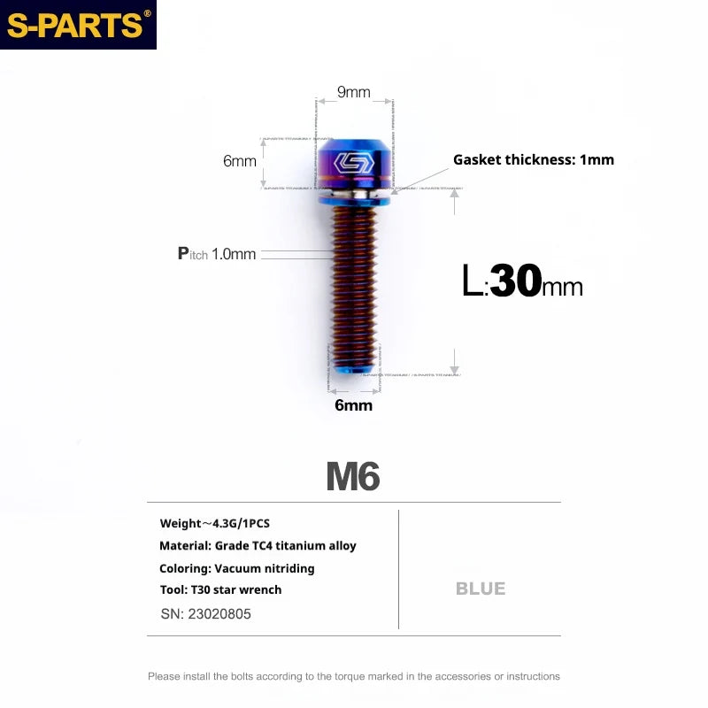 S-PARTS A2 M6 TC4 Titanium Bolts — 10–55mm — Multiple Colors — L30mm / Blue