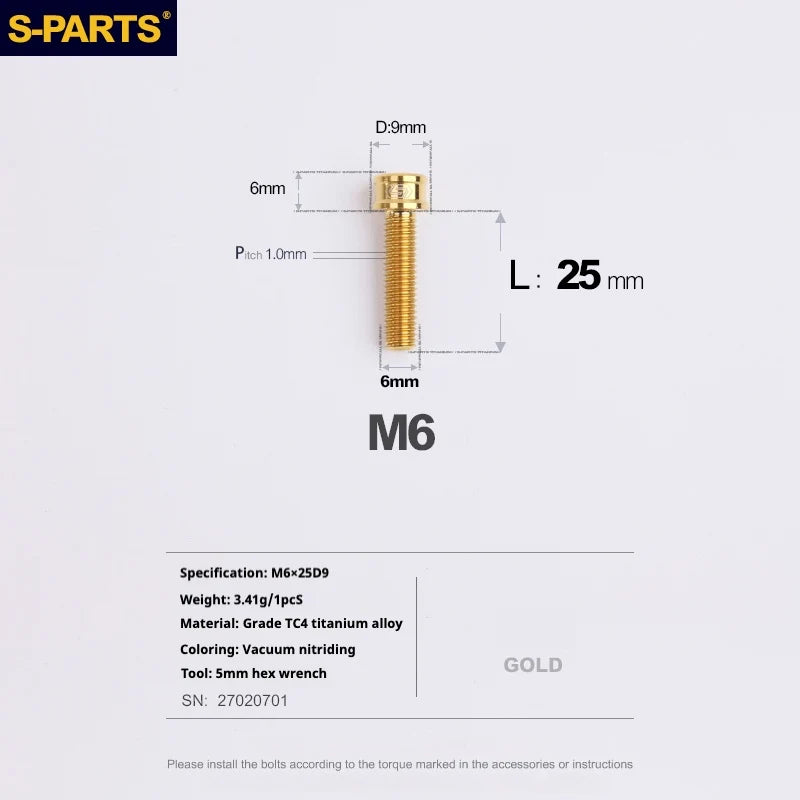 S-PARTS M6 Cylindrical Head Titanium Bolts — 10–25mm — M6×25mm / Gold