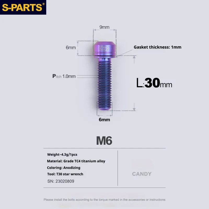 S-PARTS A2 M6 TC4 Titanium Bolts — 10–55mm — Multiple Colors — L30mm / Candy