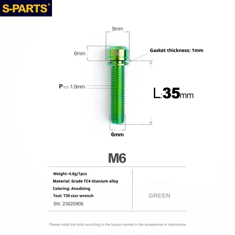 S-PARTS A2 M6 TC4 Titanium Bolts — 10–55mm — Multiple Colors — L35mm / Green