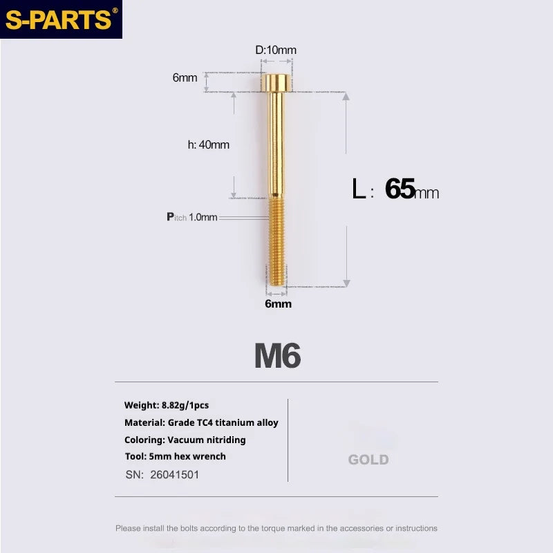 S-PARTS M6 Titanium Stem & Caliper Bolts — 30–70mm — 5mm Hex — L65mm / Gold