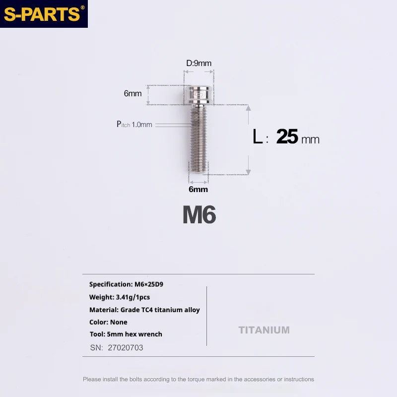 S-PARTS M6 Cylindrical Head Titanium Bolts — 10–25mm — M6×25mm