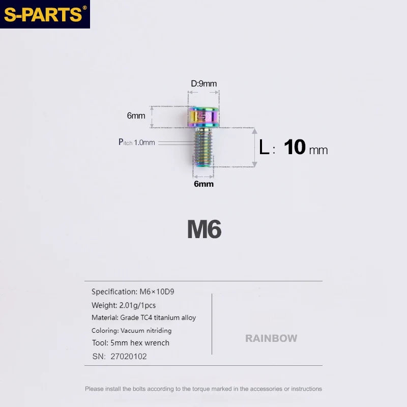 S-PARTS Titanium Cable Tension Bolts — M5/M6 — Derailleur & Brake — M6 Post Head Cable Tension Bolt / Rainbow