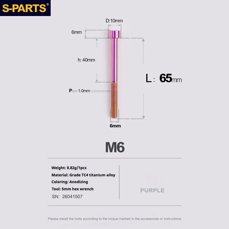 S-PARTS M6 Titanium Stem & Caliper Bolts — 30–70mm — 5mm Hex — L65mm / Purple