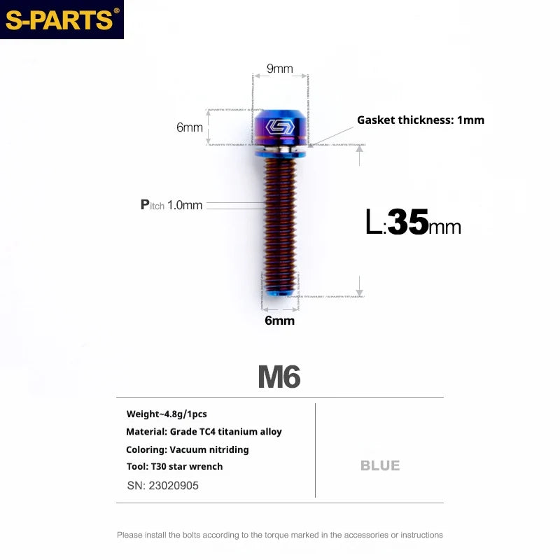 S-PARTS A2 M6 TC4 Titanium Bolts — 10–55mm — Multiple Colors — L35mm / Blue
