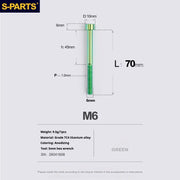 S-PARTS M6 Titanium Stem & Caliper Bolts — 30–70mm — 5mm Hex — L70mm / Green