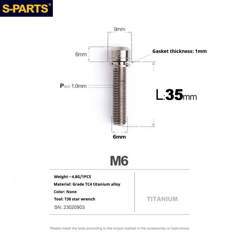S-PARTS A2 M6 TC4 Titanium Bolts — 10–55mm — Multiple Colors — L35mm