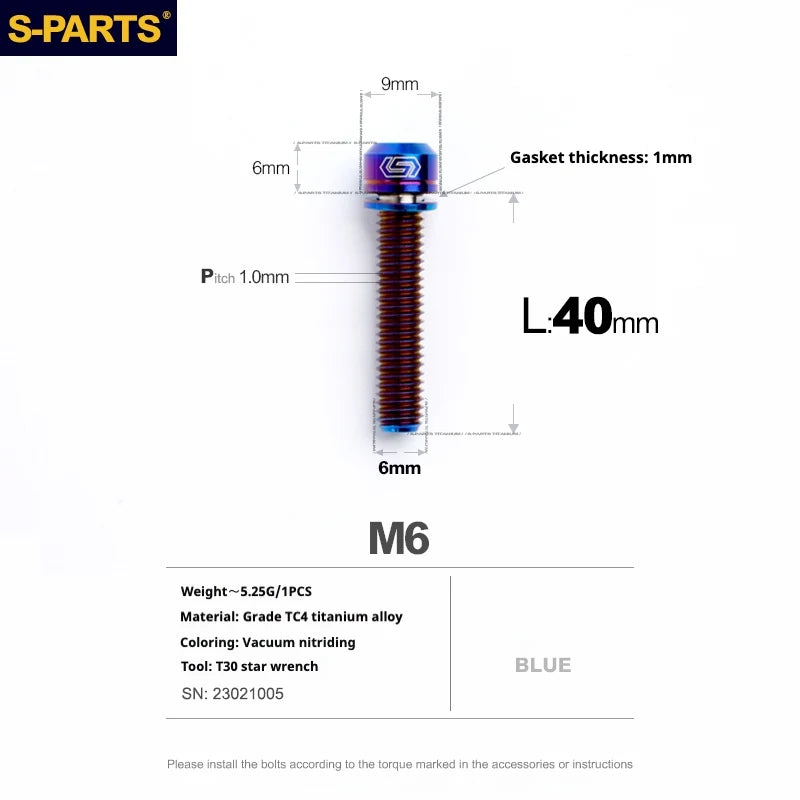 S-PARTS A2 M6 TC4 Titanium Bolts — 10–55mm — Multiple Colors — L40mm / Blue