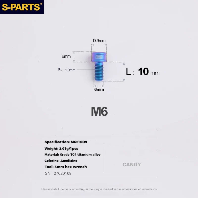 S-PARTS Titanium Cable Tension Bolts — M5/M6 — Derailleur & Brake — M6 Post Head Cable Tension Bolt / Candy