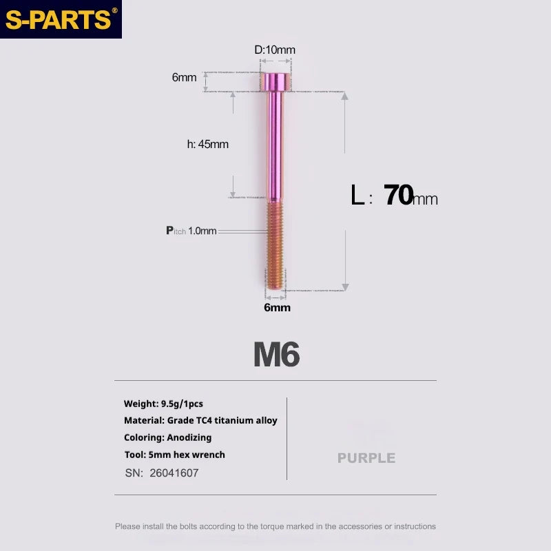S-PARTS M6 Titanium Stem & Caliper Bolts — 30–70mm — 5mm Hex — L70mm / Purple