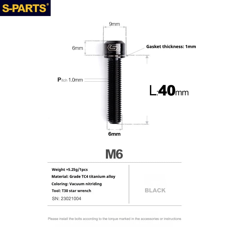 S-PARTS A2 M6 TC4 Titanium Bolts — 10–55mm — Multiple Colors — L40mm / Black