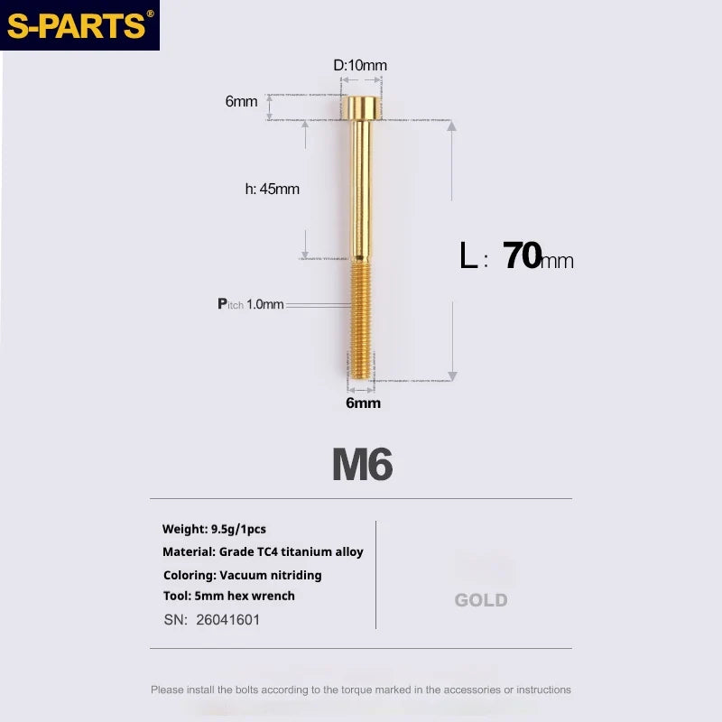 S-PARTS M6 Titanium Stem & Caliper Bolts — 30–70mm — 5mm Hex — L70mm / Gold