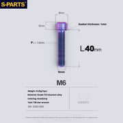 S-PARTS A2 M6 TC4 Titanium Bolts — 10–55mm — Multiple Colors — L40mm / Candy