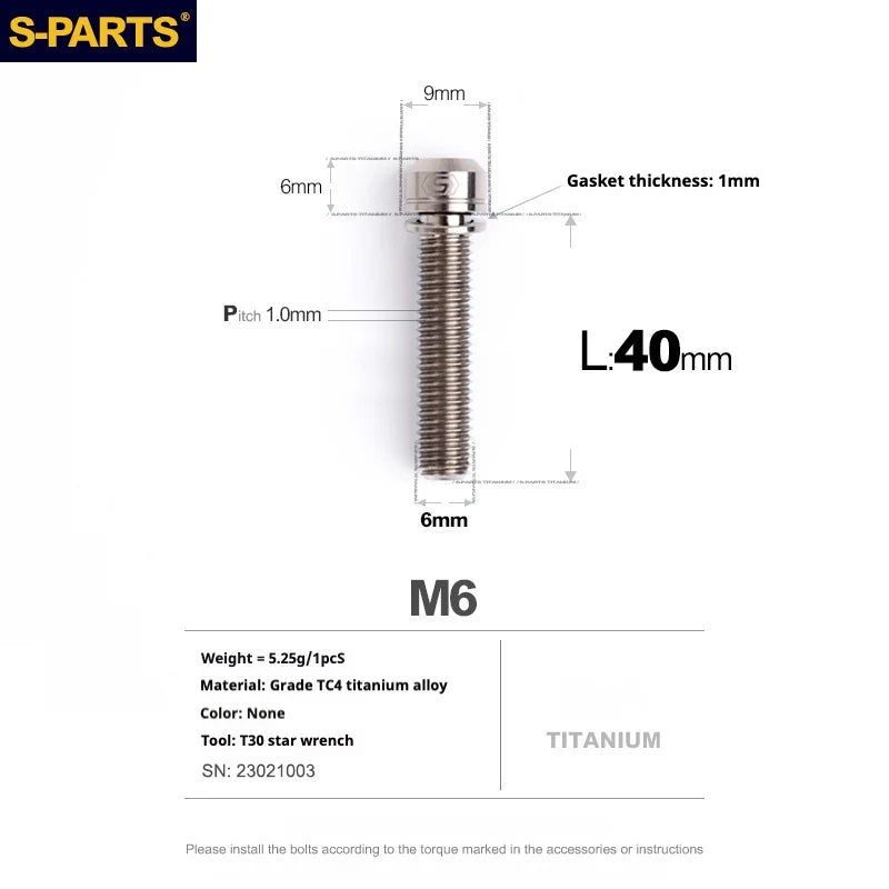 S-PARTS A2 M6 TC4 Titanium Bolts — 10–55mm — Multiple Colors — L40mm
