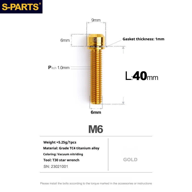 S-PARTS A2 M6 TC4 Titanium Bolts — 10–55mm — Multiple Colors — L40mm / Gold