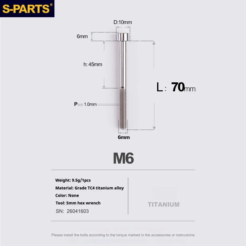 S-PARTS M6 Titanium Stem & Caliper Bolts — 30–70mm — 5mm Hex — L70mm