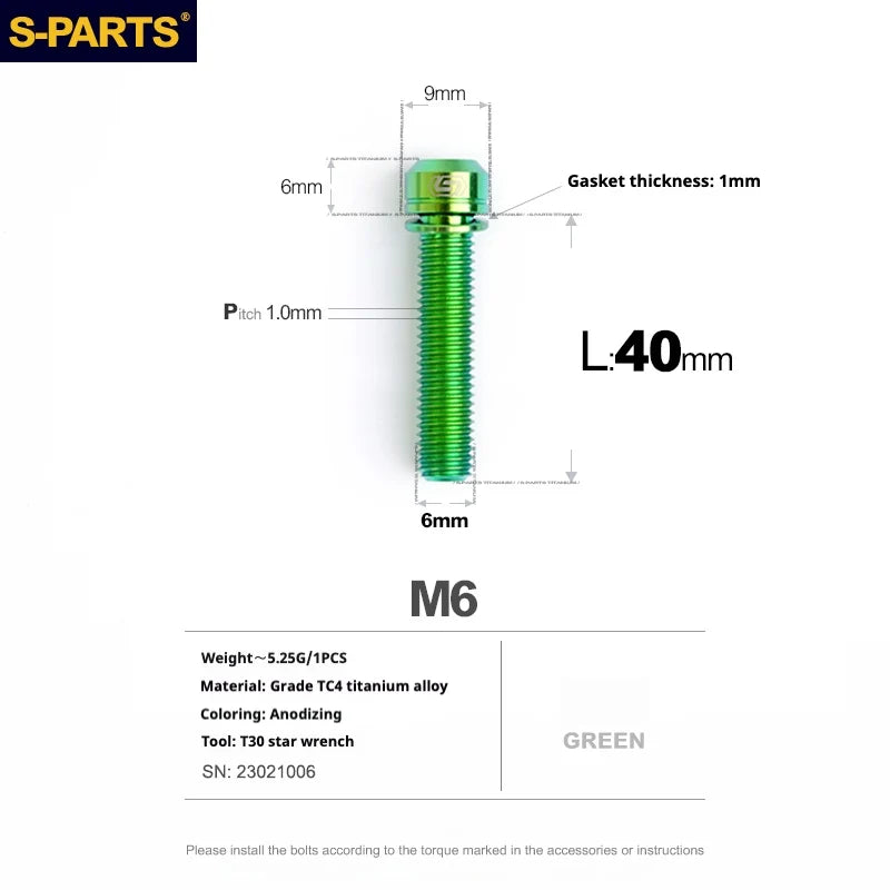 S-PARTS A2 M6 TC4 Titanium Bolts — 10–55mm — Multiple Colors — L40mm / Green