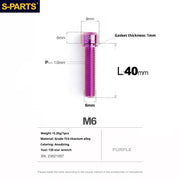 S-PARTS A2 M6 TC4 Titanium Bolts — 10–55mm — Multiple Colors — L40mm / Purple