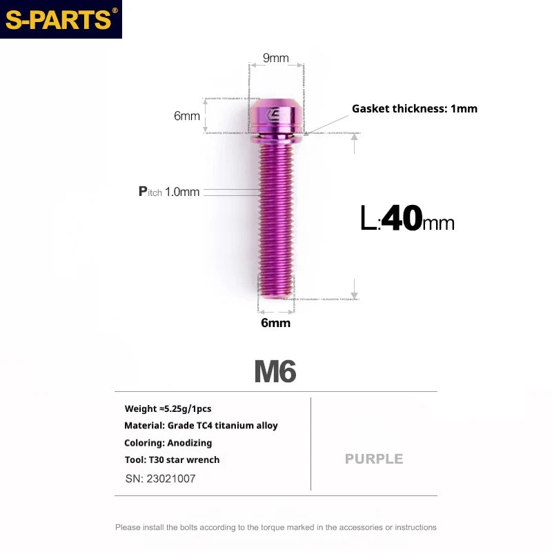 S-PARTS A2 M6 TC4 Titanium Bolts — 10–55mm — Multiple Colors — L40mm / Purple