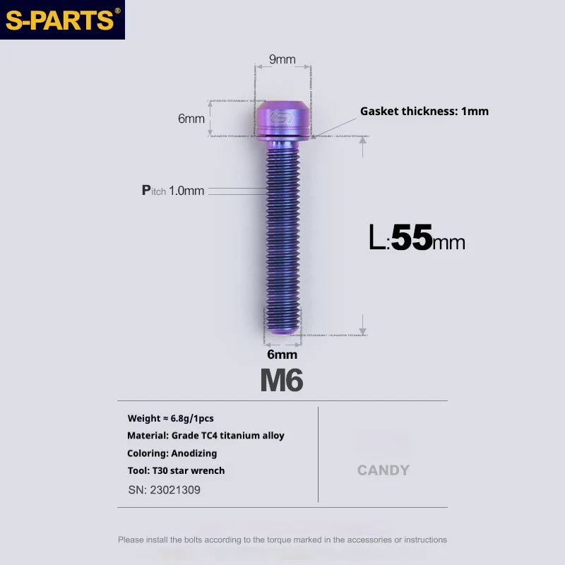 S-PARTS A2 M6 TC4 Titanium Bolts — 10–55mm — Multiple Colors — L55mm / Candy