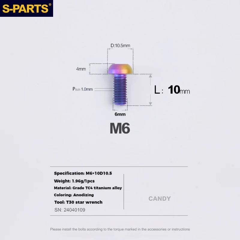 S-PARTS Titanium Cable Tension Bolts — M5/M6 — Derailleur & Brake — M6 Umbrella Head Cable Tension Bolt / Candy