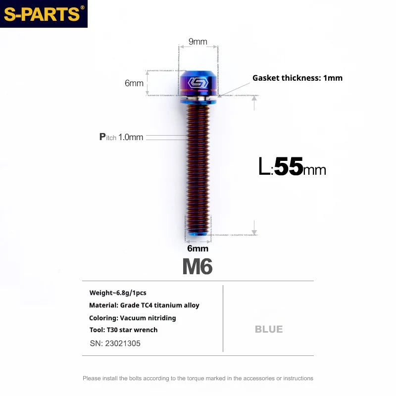 S-PARTS A2 M6 TC4 Titanium Bolts — 10–55mm — Multiple Colors — L55mm / Blue