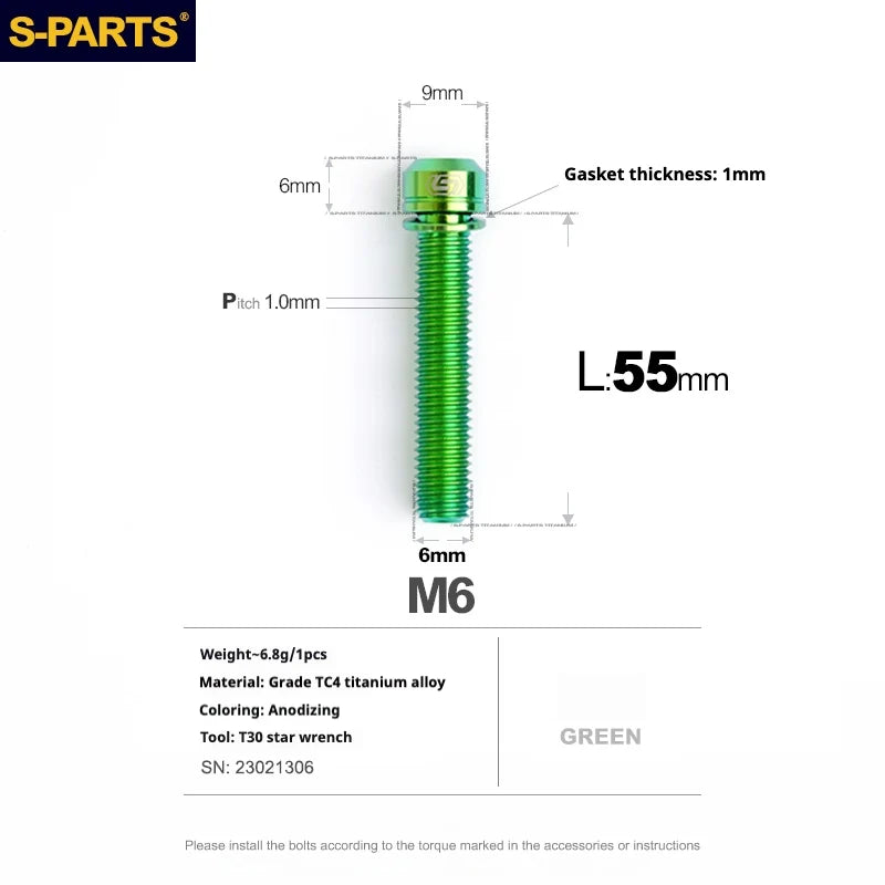 S-PARTS A2 M6 TC4 Titanium Bolts — 10–55mm — Multiple Colors — L55mm / Green