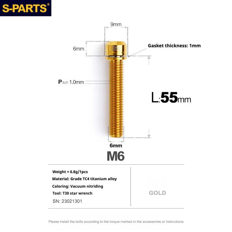 S-PARTS A2 M6 TC4 Titanium Bolts — 10–55mm — Multiple Colors — L55mm / Gold