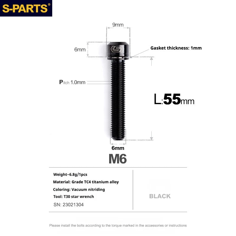 S-PARTS A2 M6 TC4 Titanium Bolts — 10–55mm — Multiple Colors — L55mm / Black