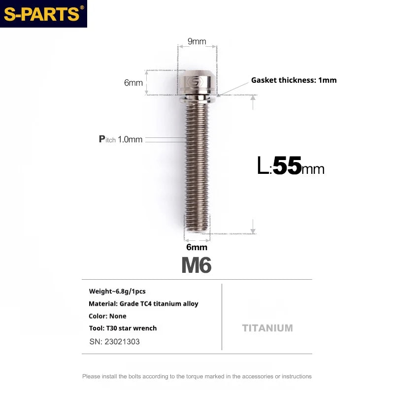S-PARTS A2 M6 TC4 Titanium Bolts — 10–55mm — Multiple Colors — L55mm