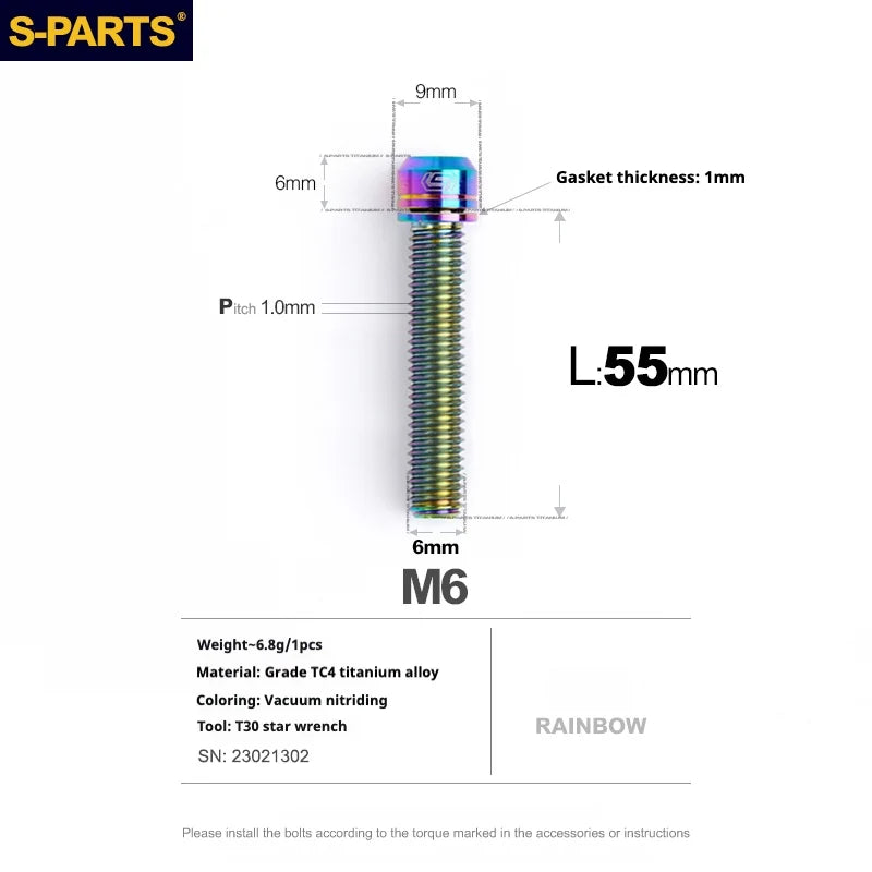 S-PARTS A2 M6 TC4 Titanium Bolts — 10–55mm — Multiple Colors — L55mm / Rainbow