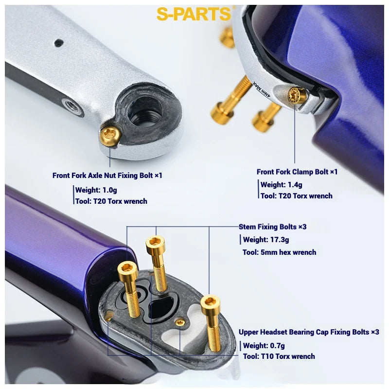 S-PARTS Cervélo S5 Titanium Bolt Kit | Full Frame Lightweight Upgrade Set | CNC TC4 Ti Bolts for Cervélo S5 - Detail 2