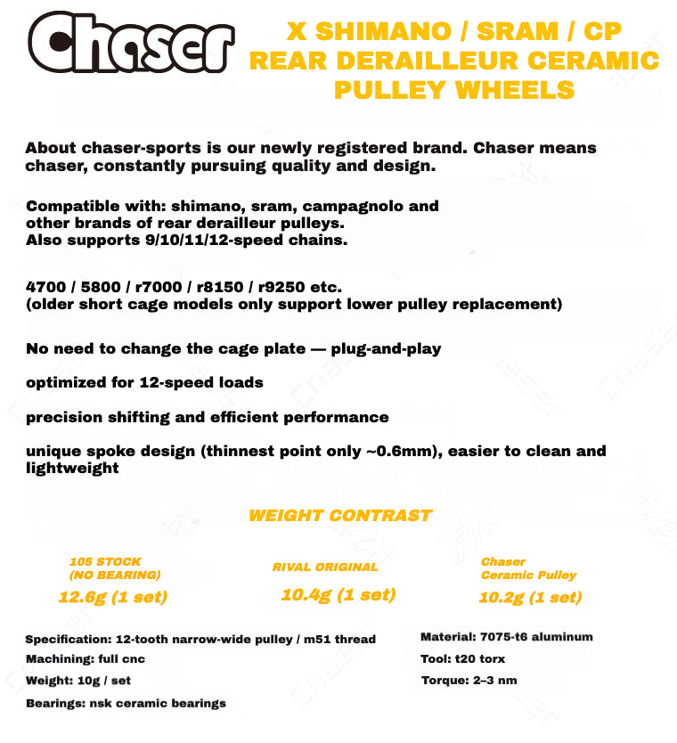 Chaser-Sports 12T Ceramic Rear Derailleur Pulley Wheel — 10.2g — Shimano / SRAM / Campagnolo — 9 / 10 / 11 / 12-Speed