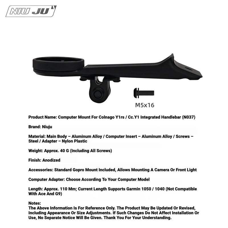 Colnago Y1RS Integrated Alloy Computer Mount | Garmin / Wahoo | Front Light & GoPro Compatible - Detail 3
