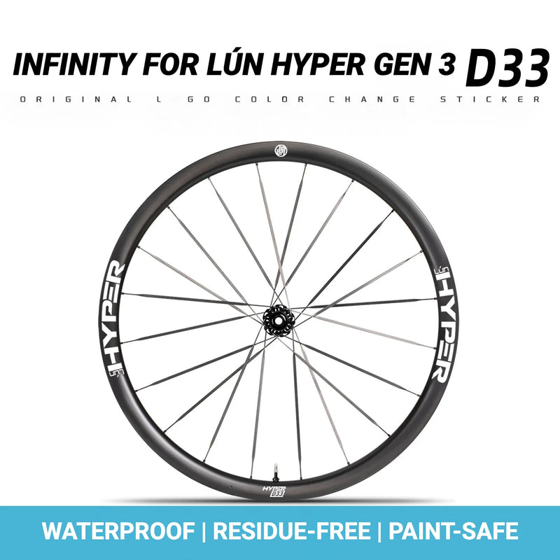S-PARTS Infinity Logo Decals for Lún HYPER 3 D33 Gen 3 — Waterproof Overlay Set for Two Wheels + Spares