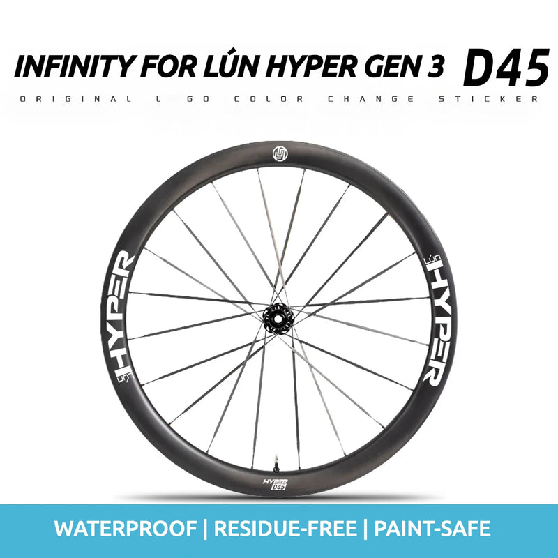 S-PARTS Infinity Logo Decals for Lún HYPER 3 D45 Gen 3 — Waterproof Overlay Set for Two Wheels + Spares