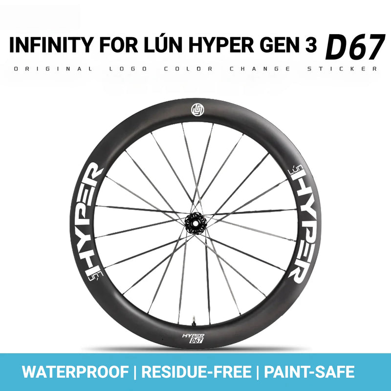S-PARTS Infinity Logo Decals for Lún HYPER 3 D67 Gen 3 — Waterproof Overlay Set for Two Wheels + Spares